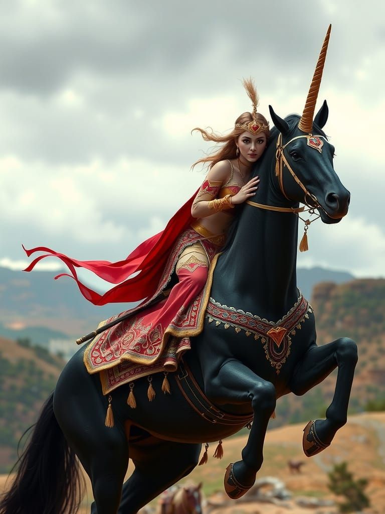 Byzantine Princess Rides Majestic Black Unicorn