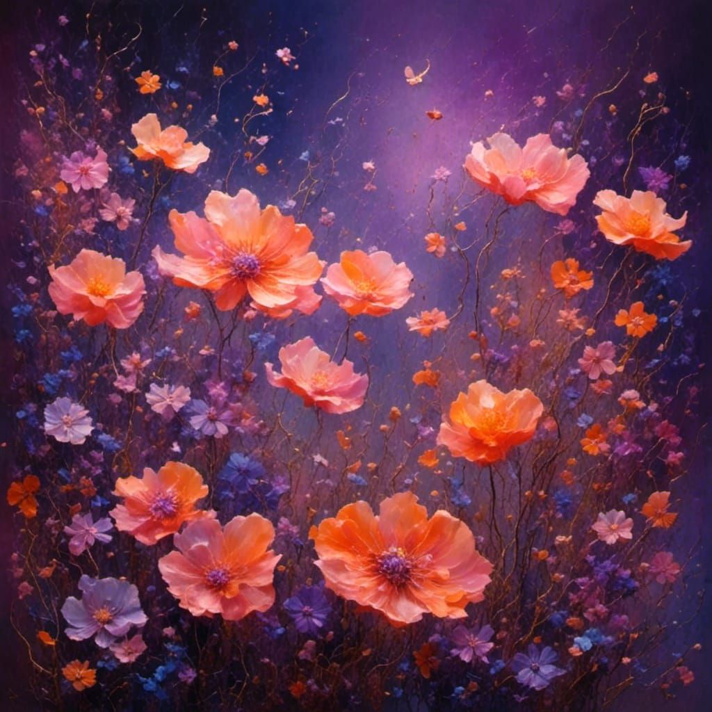 <lora:Floralize v2:1.0> <lora:NeonBioGlowXL:1.0> luminous flowers glow at dusk and bioluminescent fireflies vivid colors...