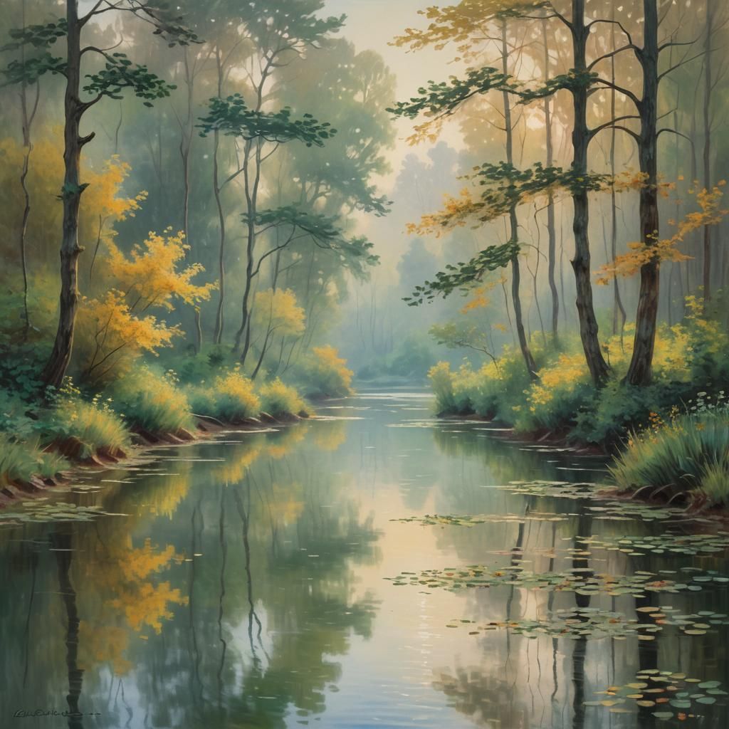 Forest Lake Sunset Painting in Impressionist Style
