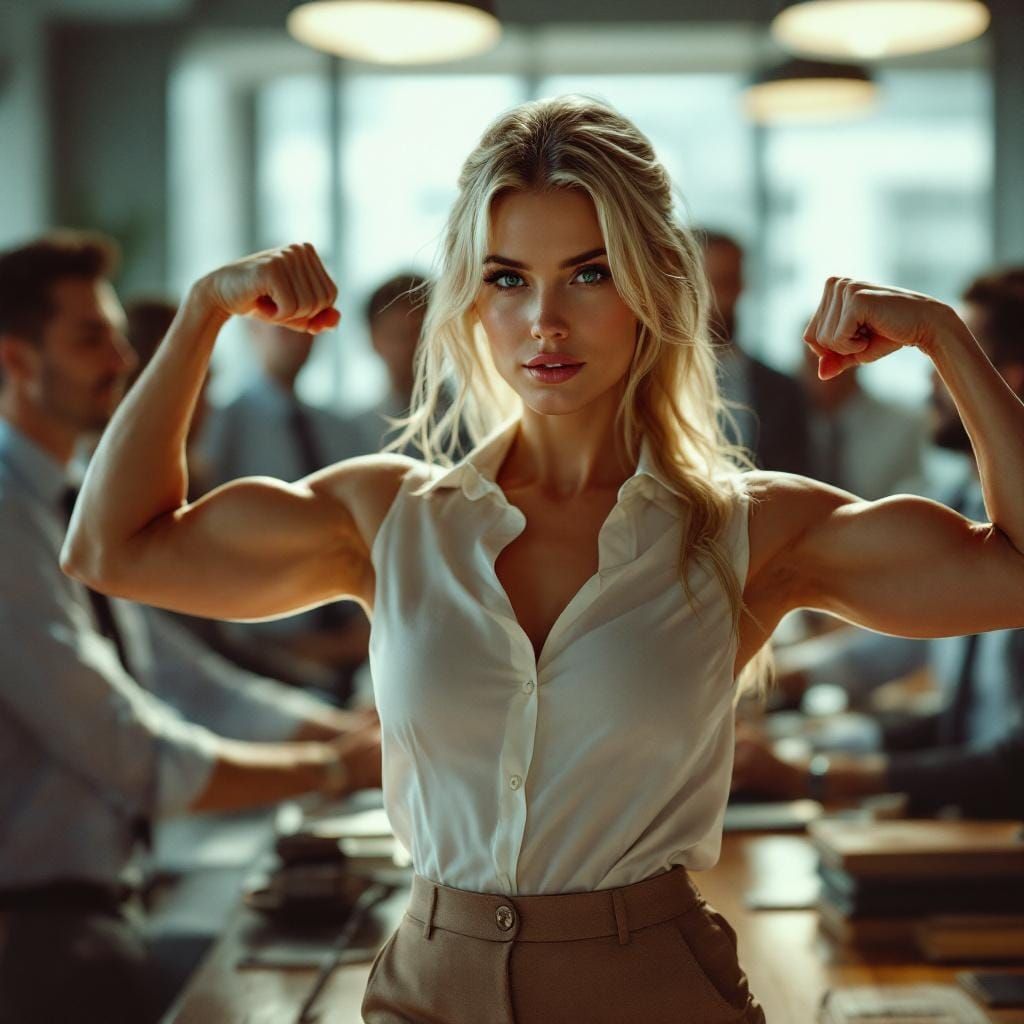Muscular Blonde Woman Flexing Biceps in Office