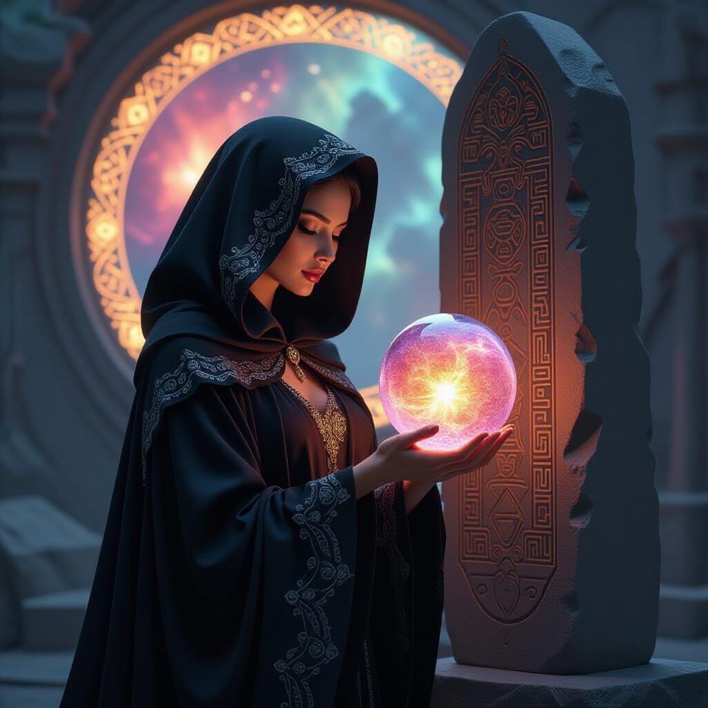 Mystical Woman Holds Nebula Orb by Alien Monolith