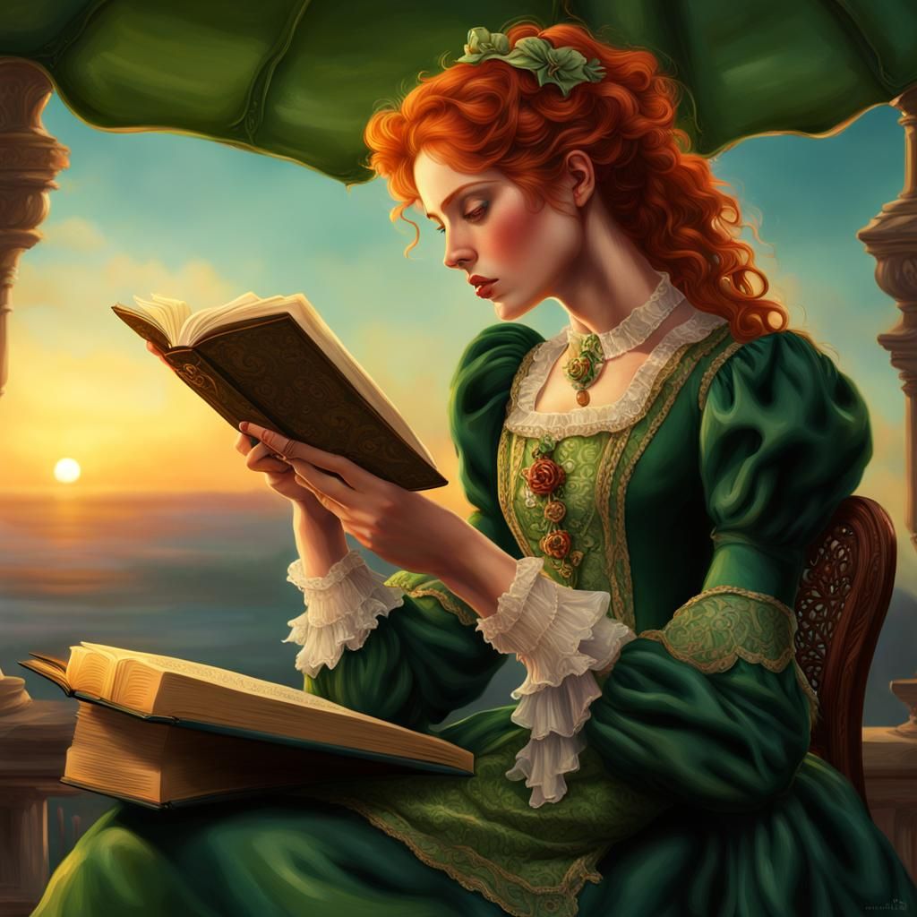 Redhead Maiden in Victorian Dress at Sunset