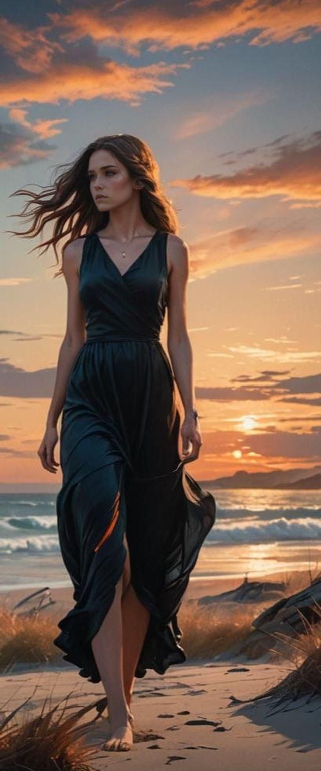 Girl in Black Dress on Beach, Detailed Matte Painting
