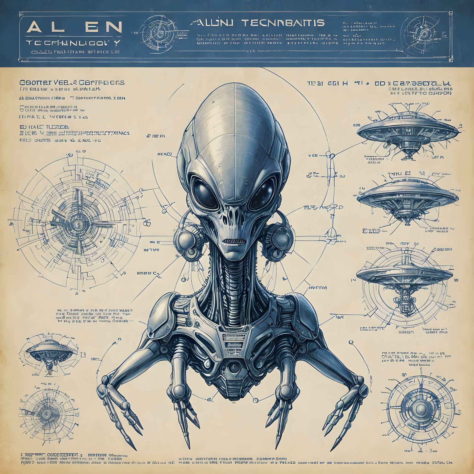 Accurate Alien Technology Schematics in a Storybook Style