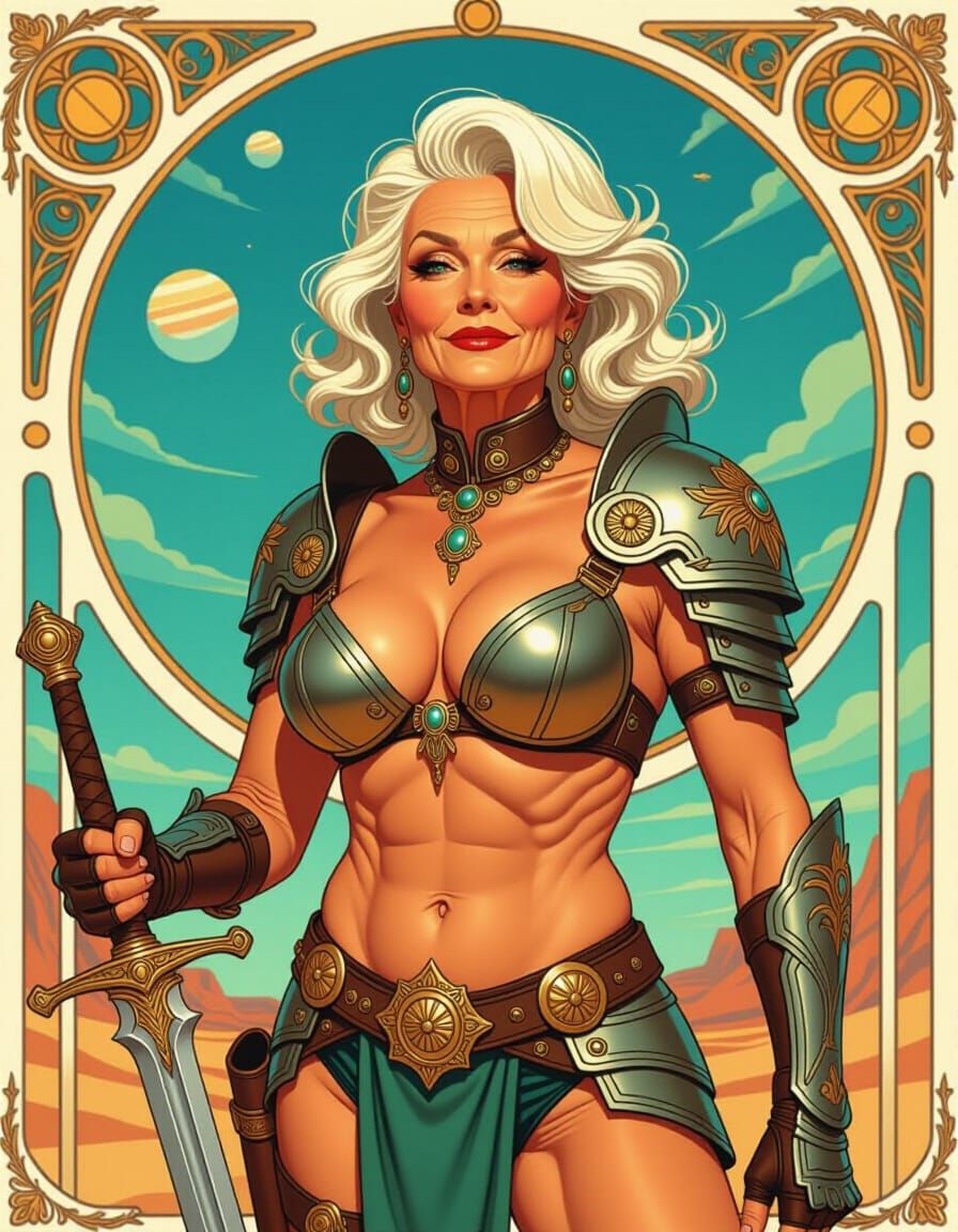 Platinum Warrior in Art Nouveau Style on Alien Planet