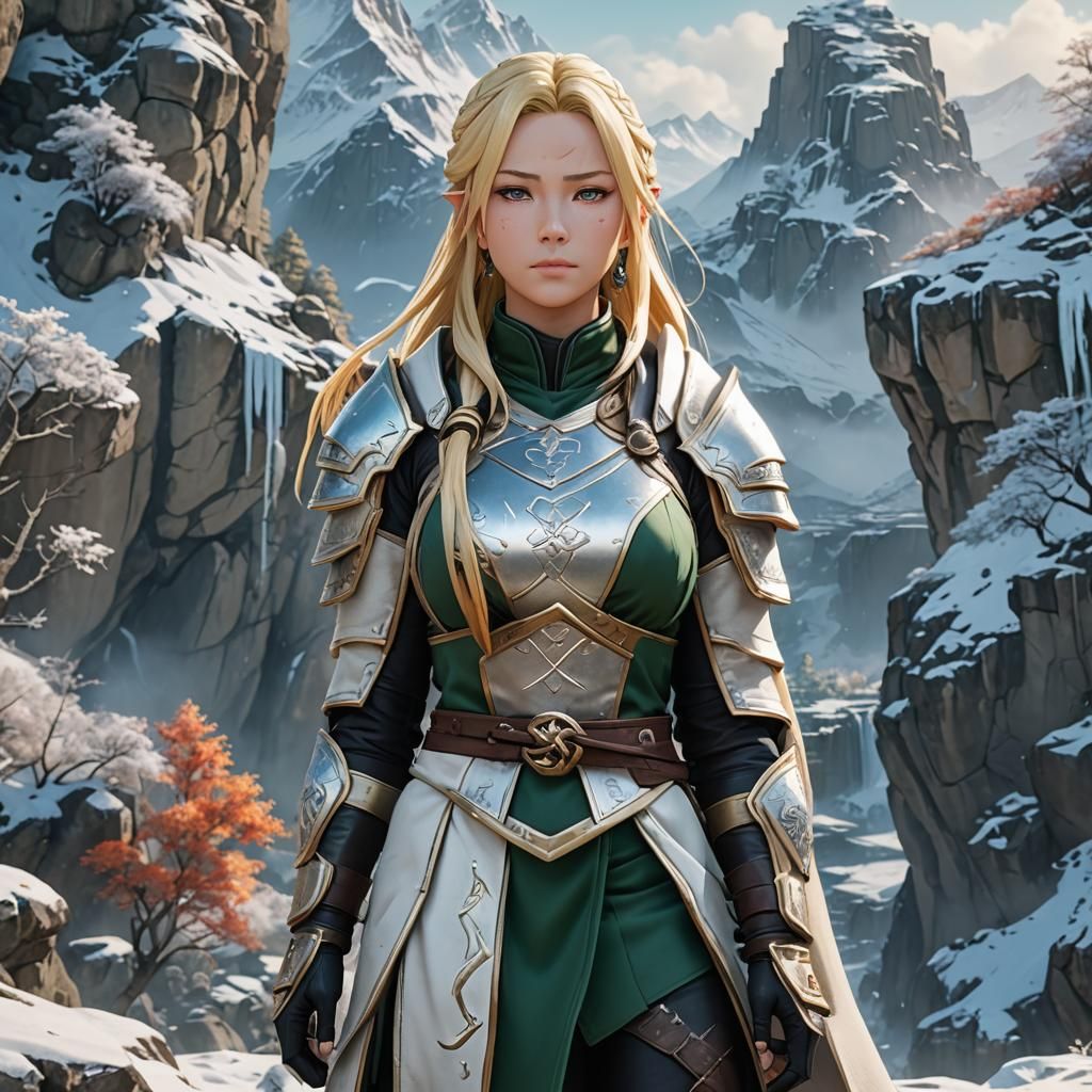 Anime Warrior Princess in Snowy Skyrim Environment