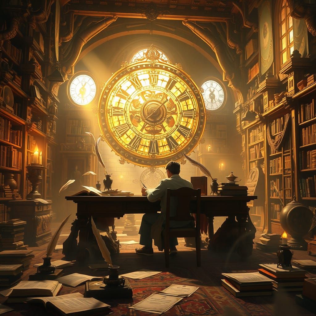 Whimsical Library Scene with Clockwork Machine