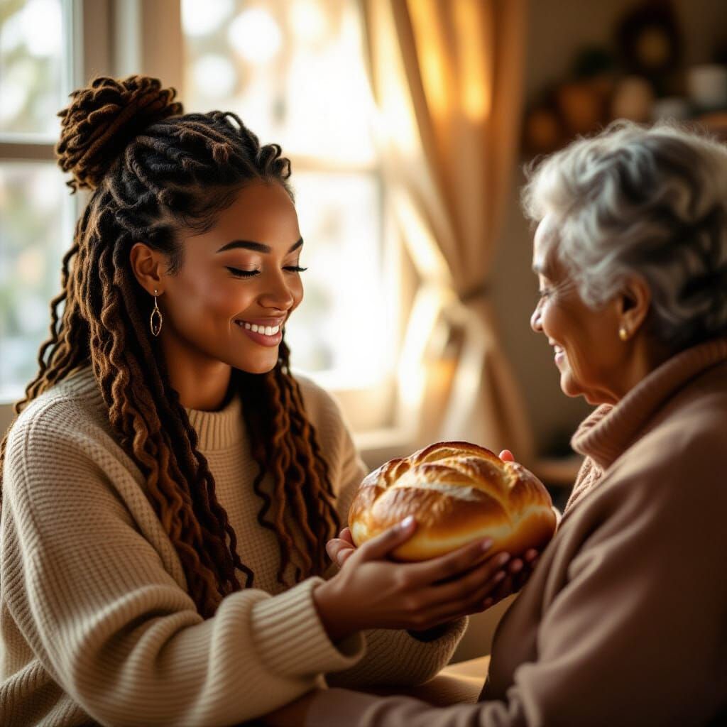 Compassionate Woman Shares Bread in Warm, Soft Light