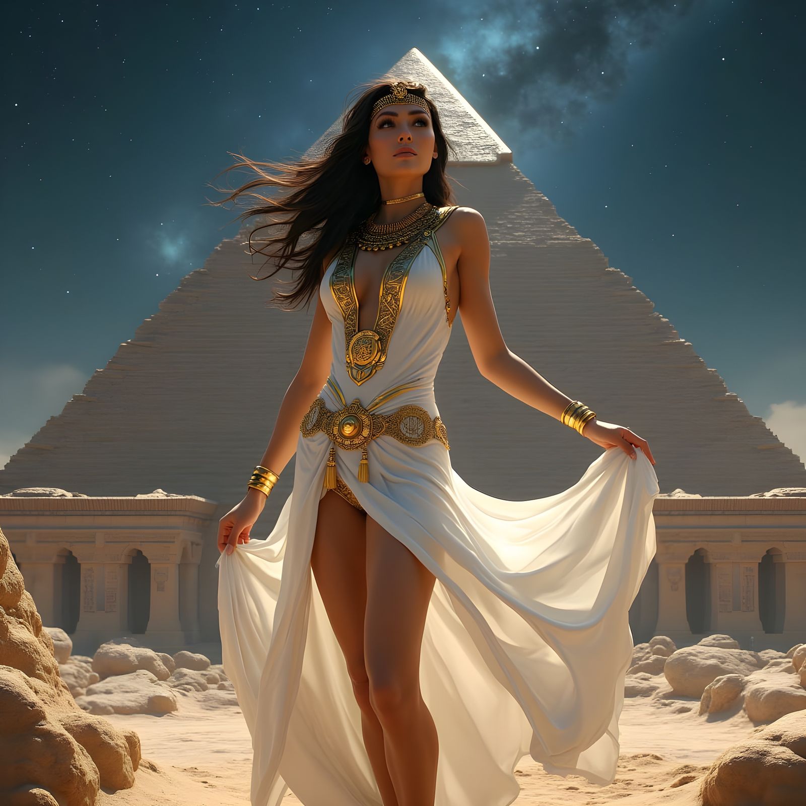Egyptian Goddess of the Cosmos in Glittering Gold and White