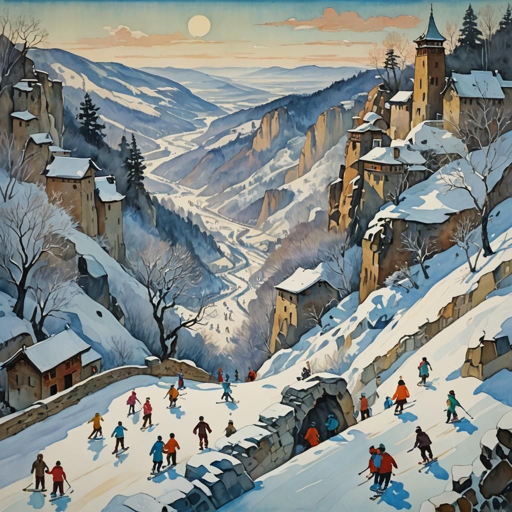 Frozen Winter Landscape in Impressionist Gouache Style