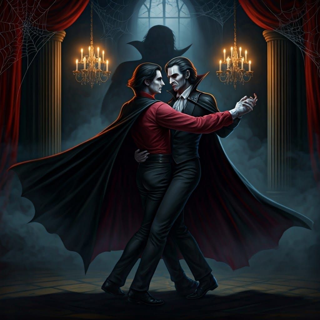 Vampire Dancing with Shadow in Dark Ballroom