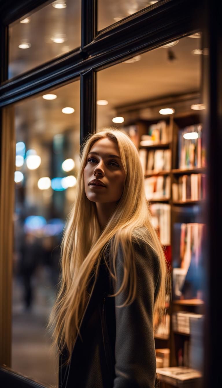Woman's Reflection in Bookstore Window, Parisian Street