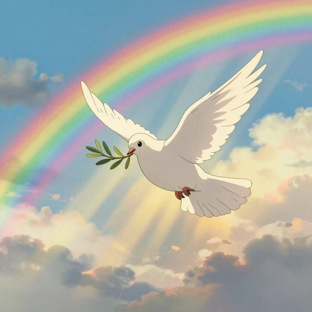 Dove with Rainbow Sky, Hopeful Serenity
