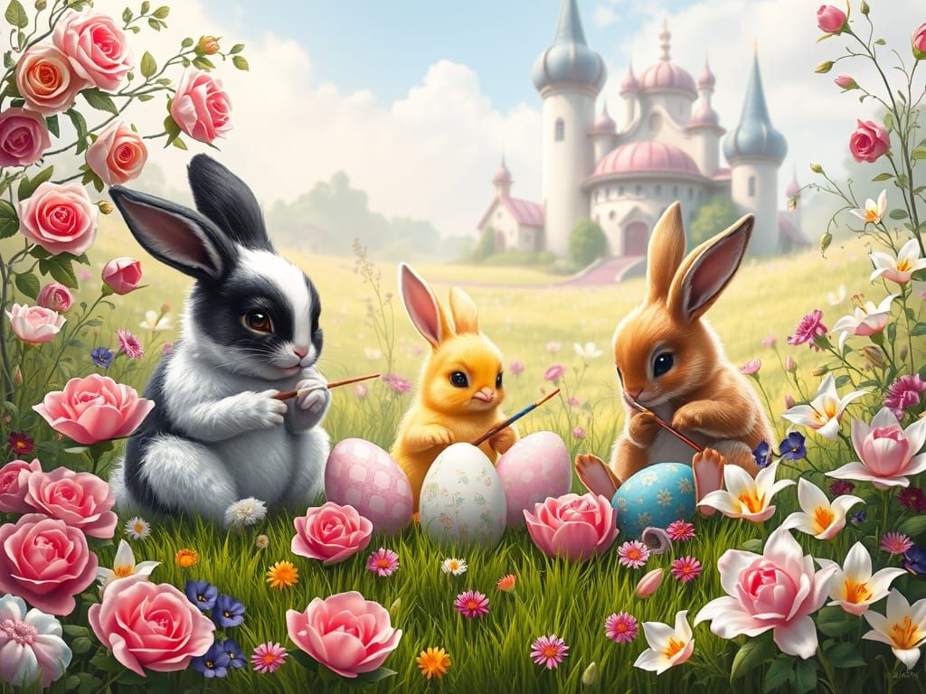 Easter Bunnies Painting Eggs in Whimsical Meadow