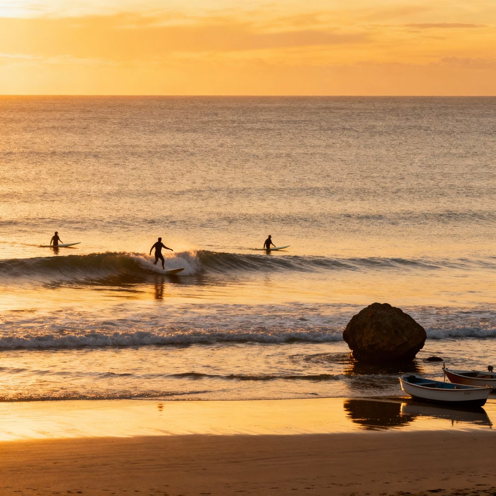 Sunset Beach Photography With Surfers and Calm Sea