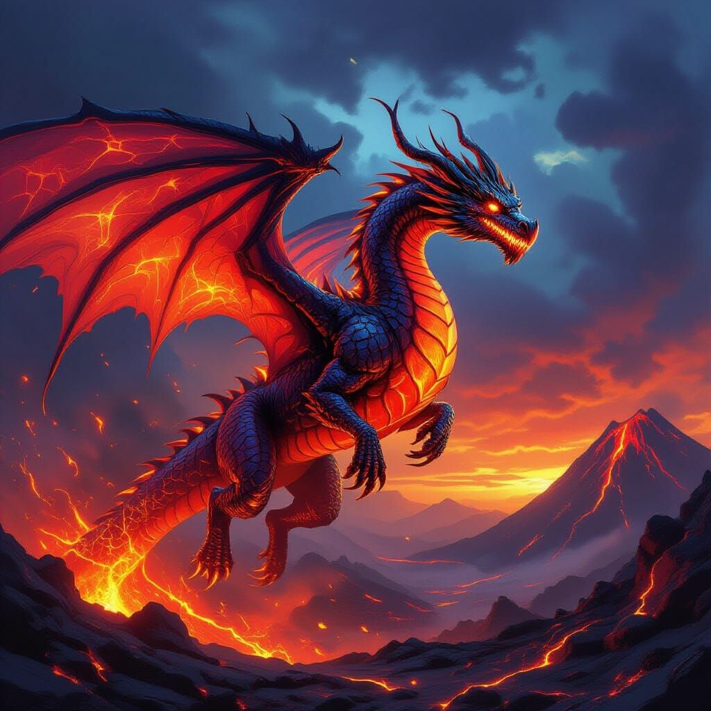 Molten Lava Dragon Soars in Volcanic Sky