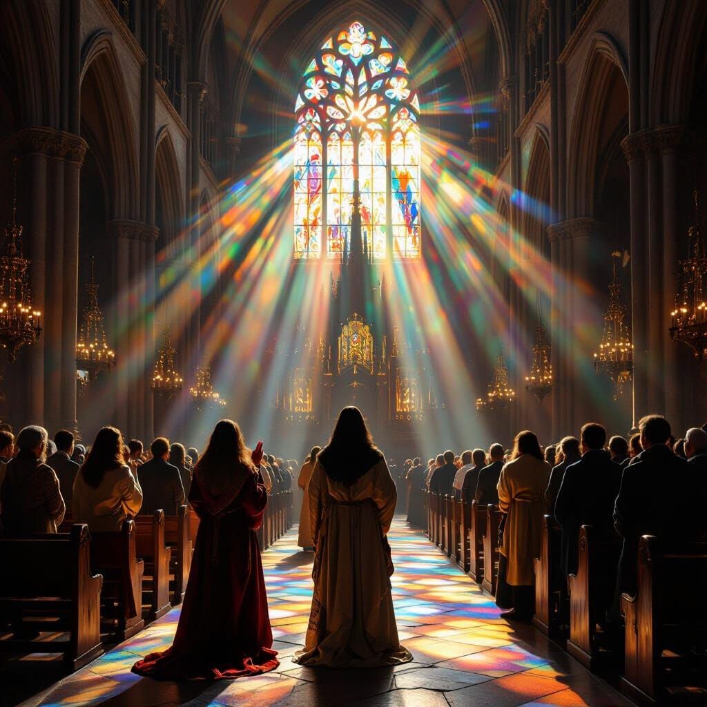 Devout Figures Praying in Sunlit Gothic Cathedral