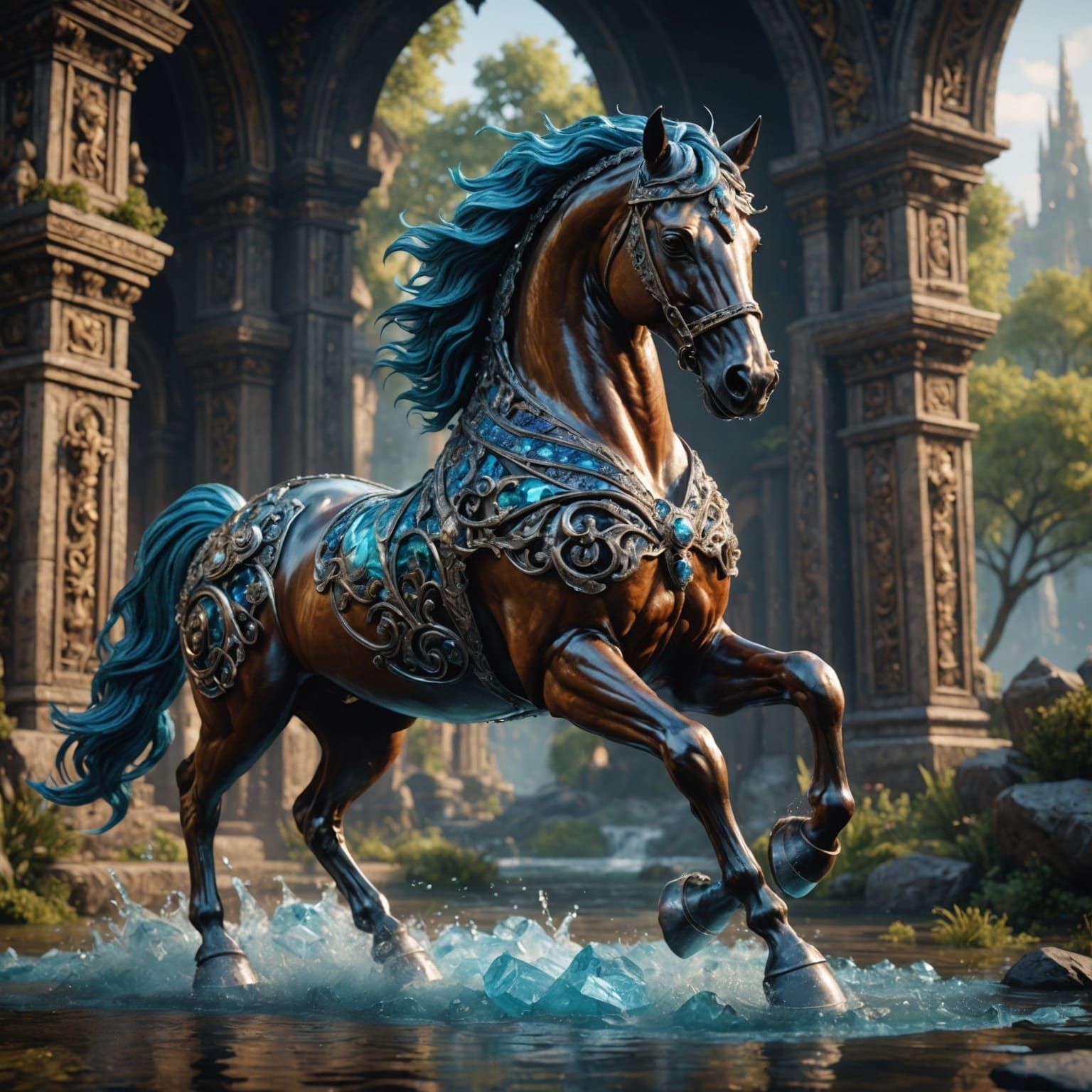 Hyperrealistic Crystal Horse in a Fantastical Scene
