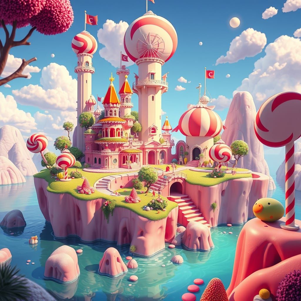 Vibrant Candy Island Landscape with Lollipop Trees