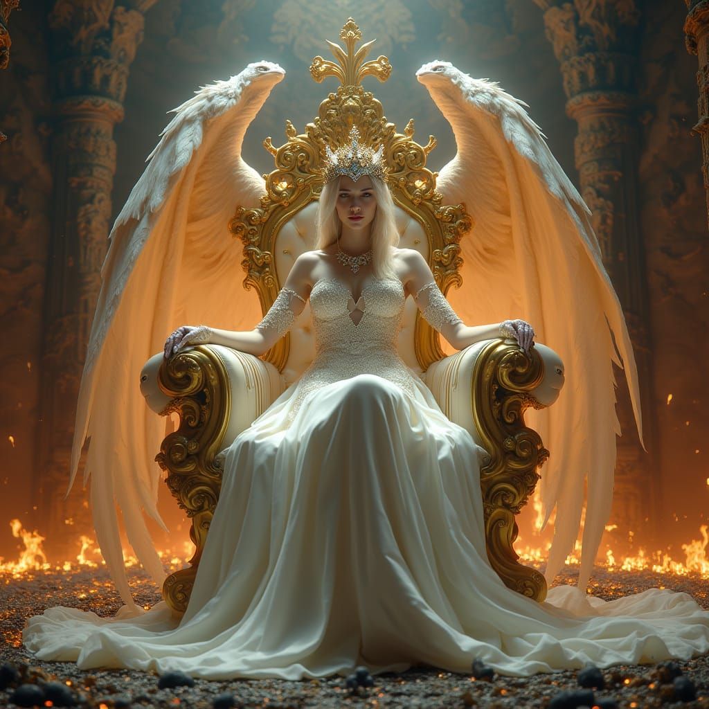Regal Fantasy Queen Sits on Throne of Fallen Kings in Photor...