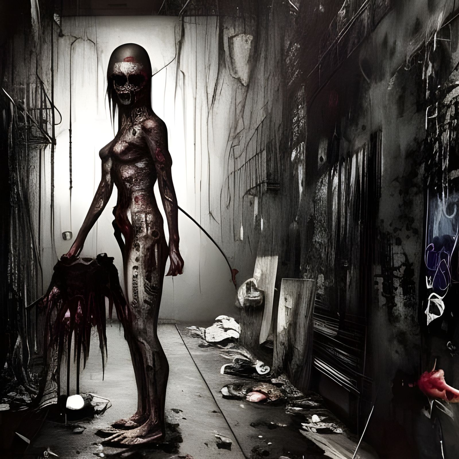 Tomie Horror with Parasite in Cyberpunk Graffiti Style