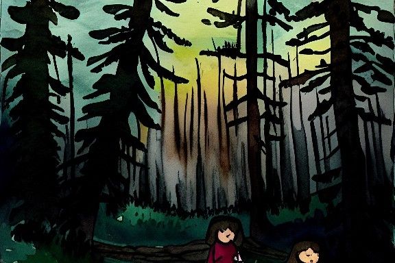 Girl Scouts Camping in Woods: Watercolor and Ink