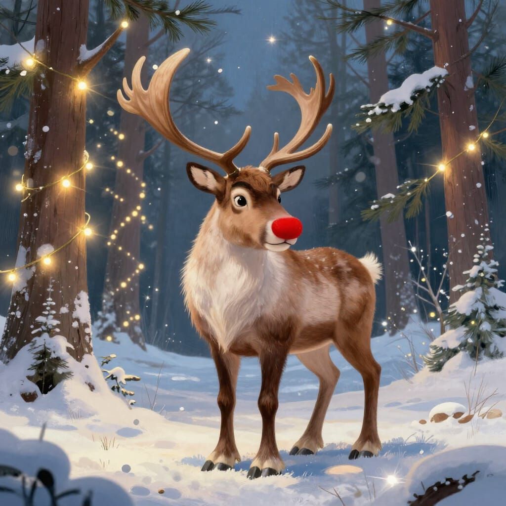 Rodolfo the Reindeer in Magical Snowy Forest