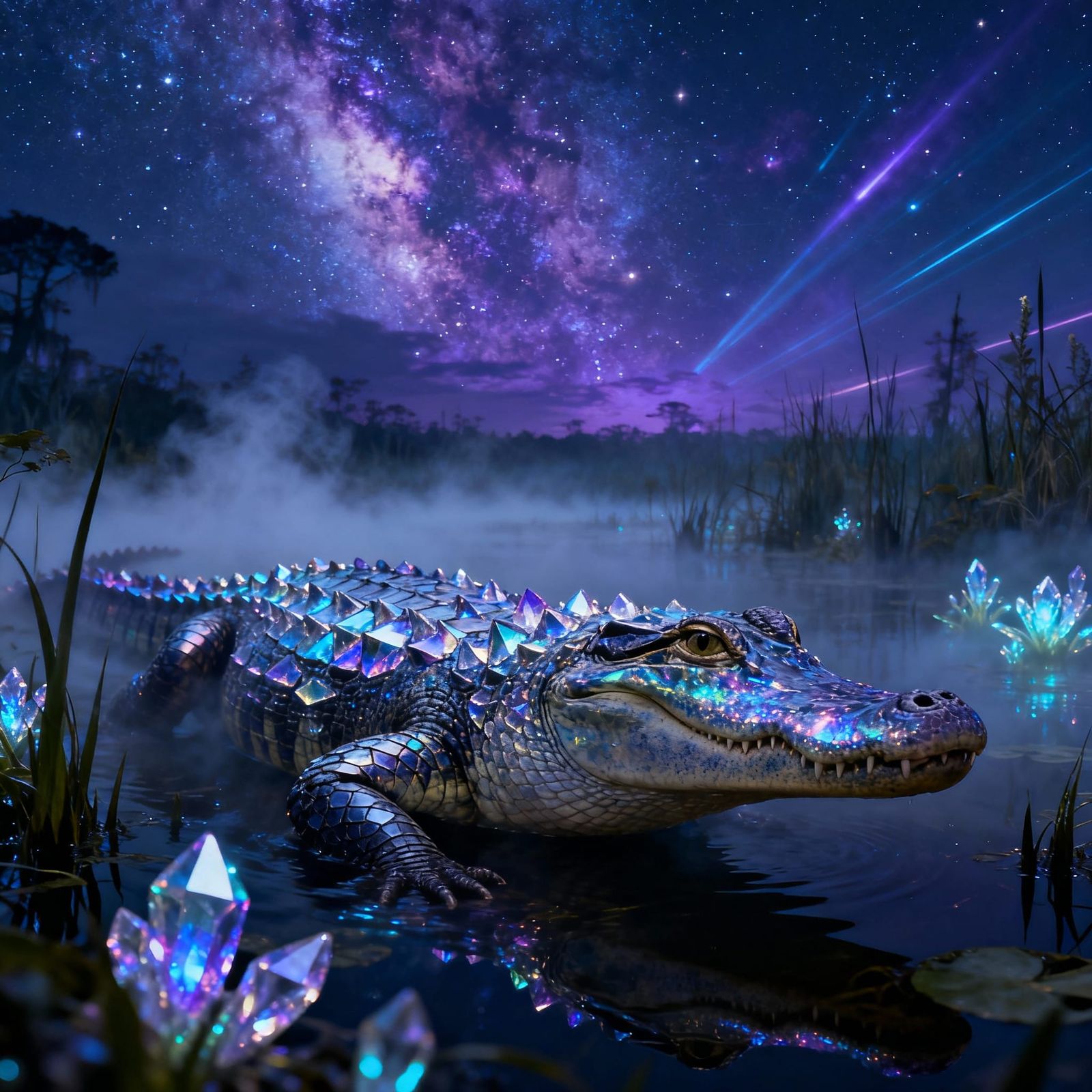 Crystal Alligator in Bioluminescent Swamp Under Nebula Sky