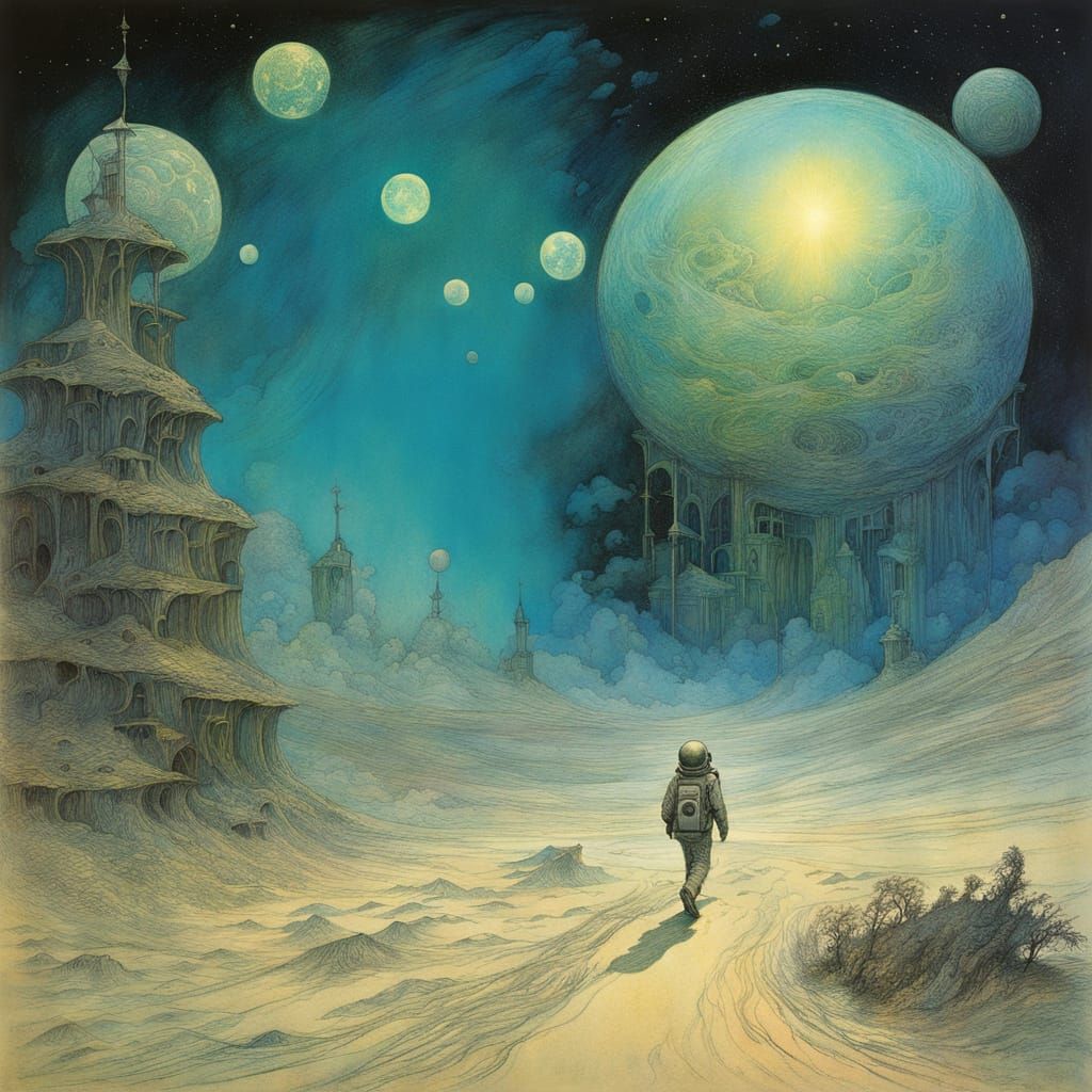 Astronaut in Ethereal, Iridescent Moonscape with Vibrant, Su...