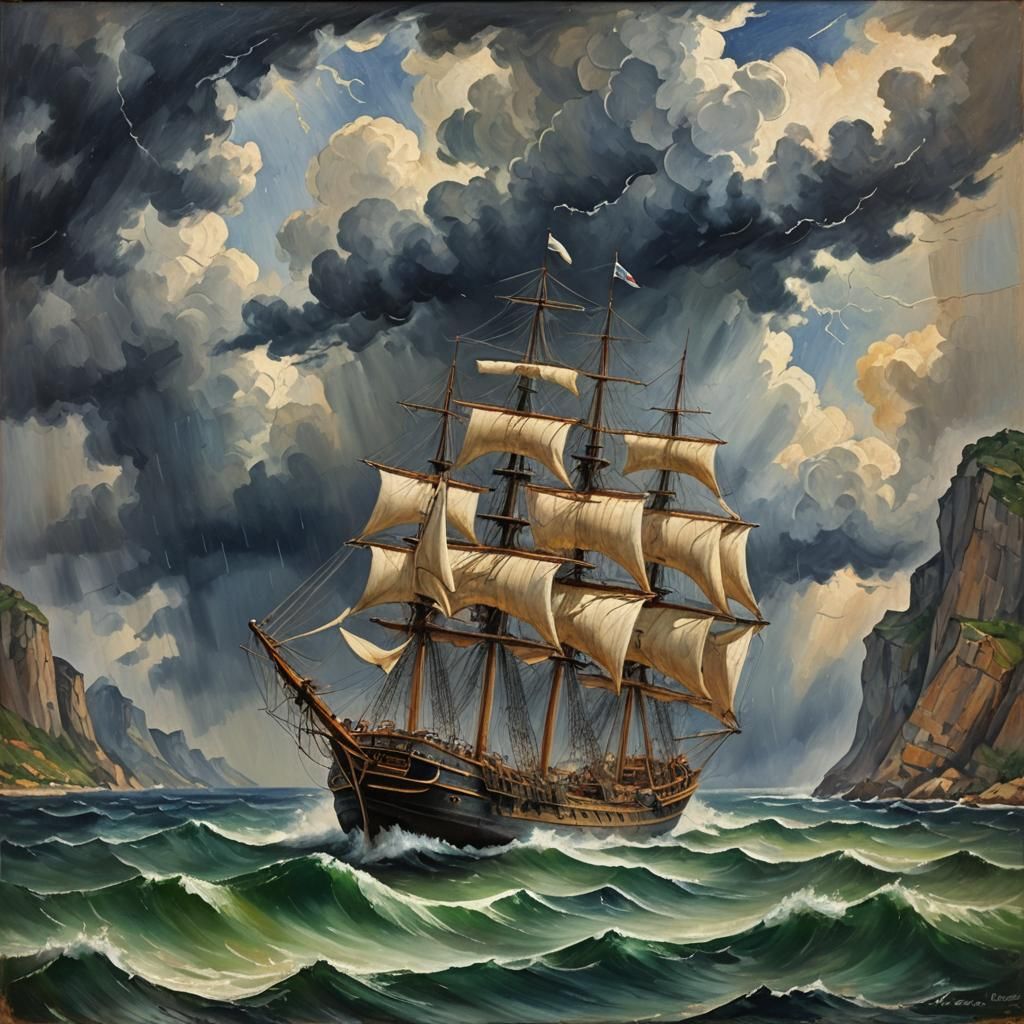 Sailing Ship in Thunderstorm, Cezanne Style Oil Painting