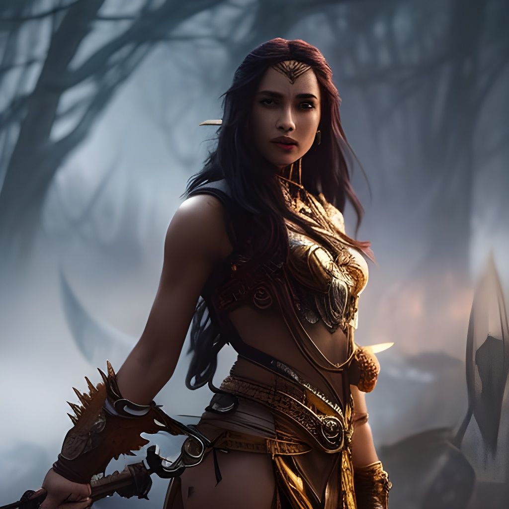 Fantasy Warrior Woman Portrait in Watercolor and Ink