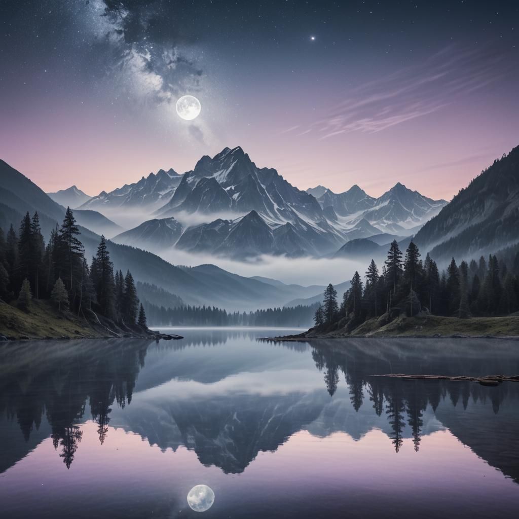 Moonlit Mountain Lake in Dreamy Landscape Style