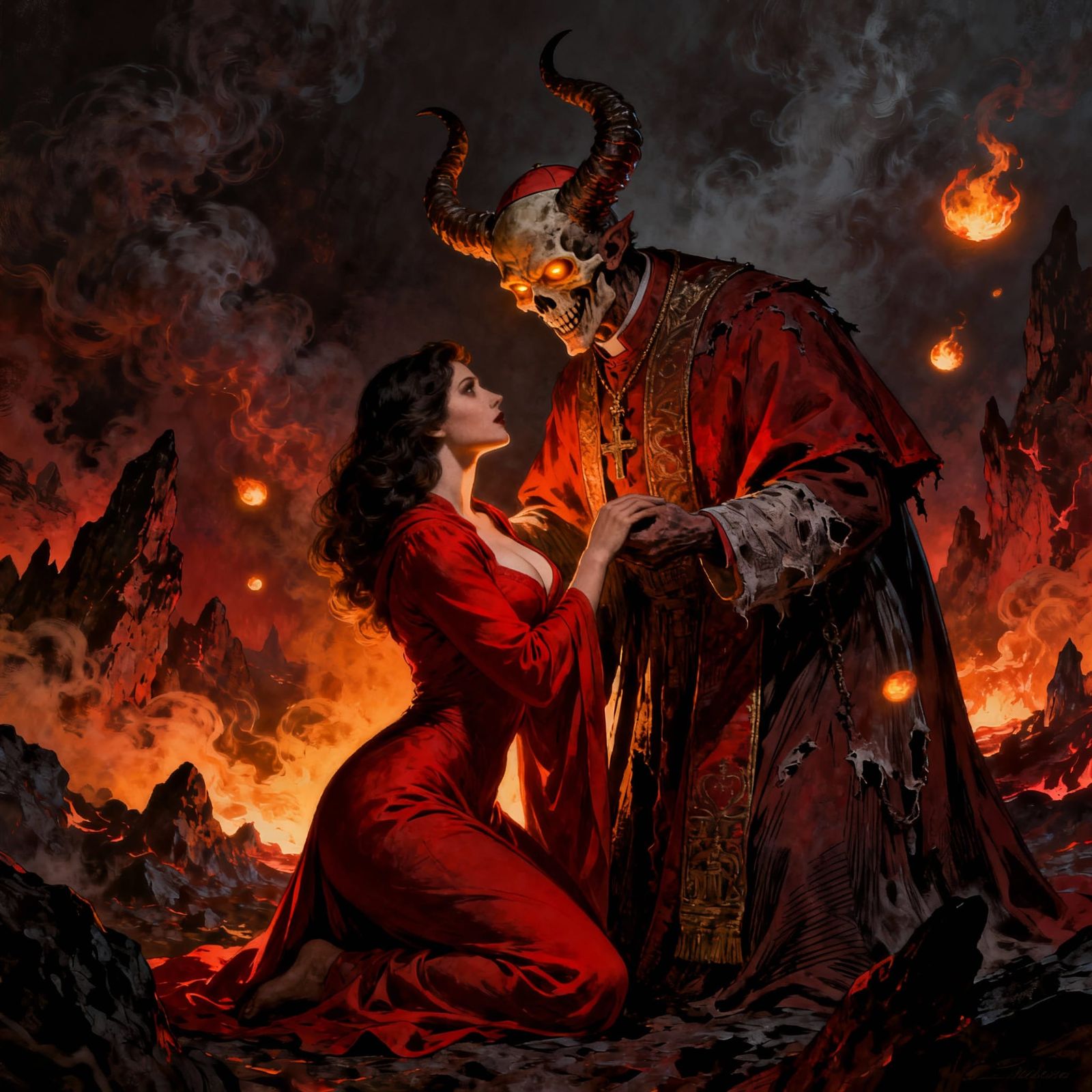 Alluring Woman Kneeling Before Demonic Pope in Hellish Lands...