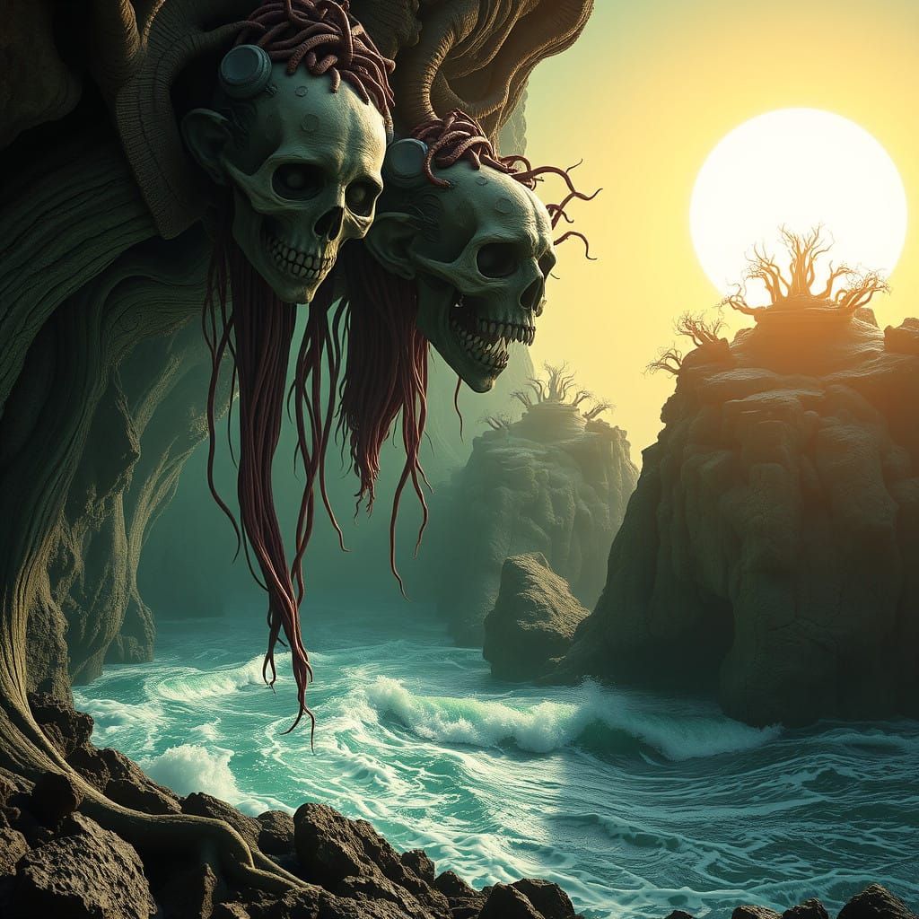 Biomechanical Horror in a Surreal, Giger-Inspired Landscape