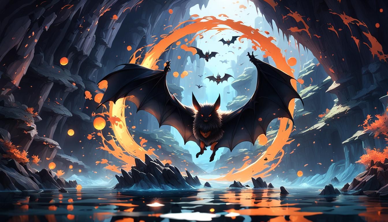 Mystical Bat in Water Cave: 3D Anime Art