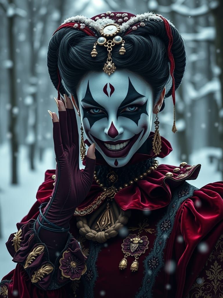 Harlequin Woman in Victorian Attire in Winter Forest