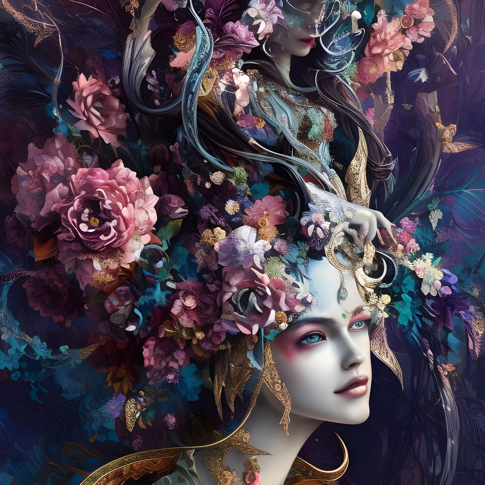 Flowerpunk Masked Statue in Intricate Mosaic