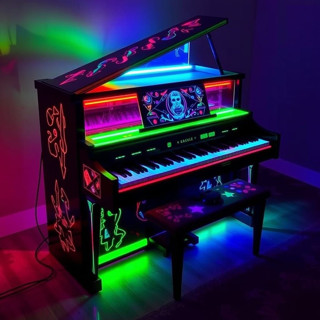 Electric Piano with Neon Bioluminescence and Tattoos