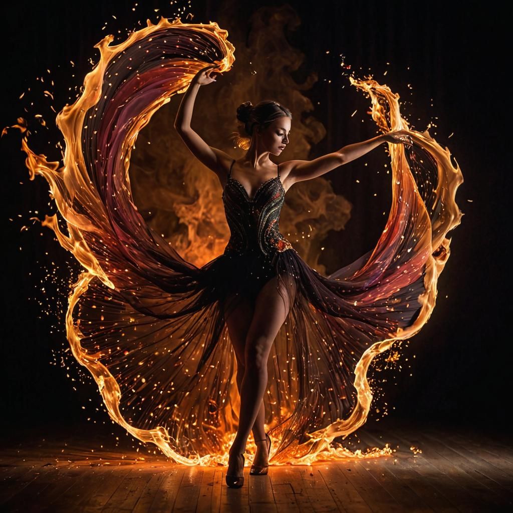 Elegant Fire Dancer Silhouette on Opera Stage