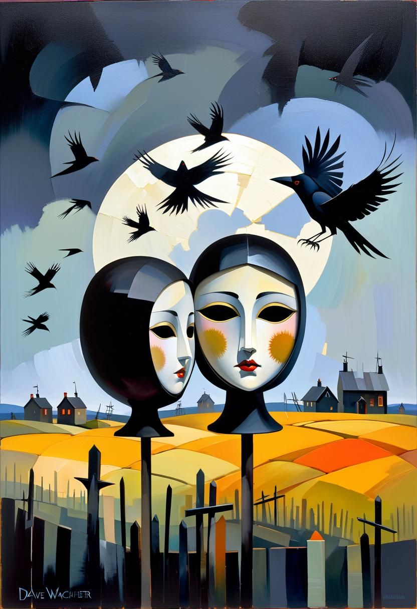 Dystopian Doll Mask with Crows in Oil Painting Style