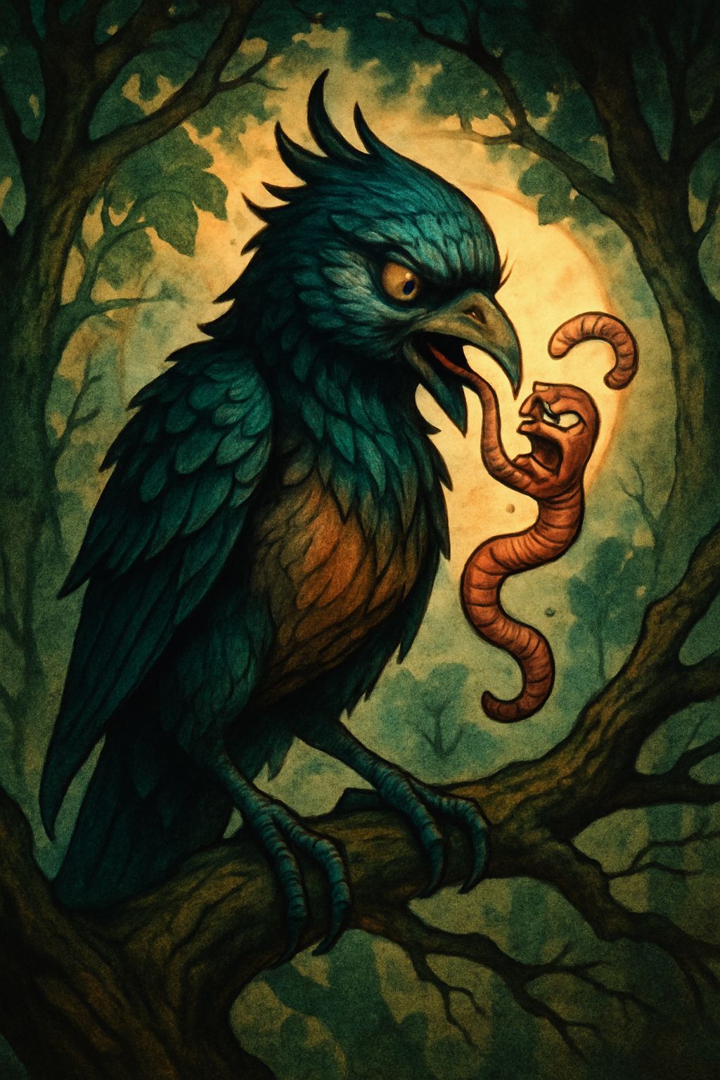 Angry Worm Eaten by Bird in Mysterious Fantasy Scene