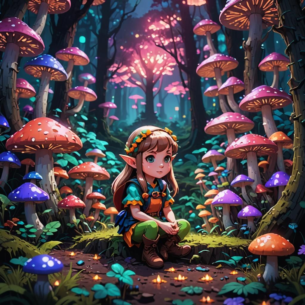 Neon Mushroom Elf Girl in 16-bit Pixel Art
