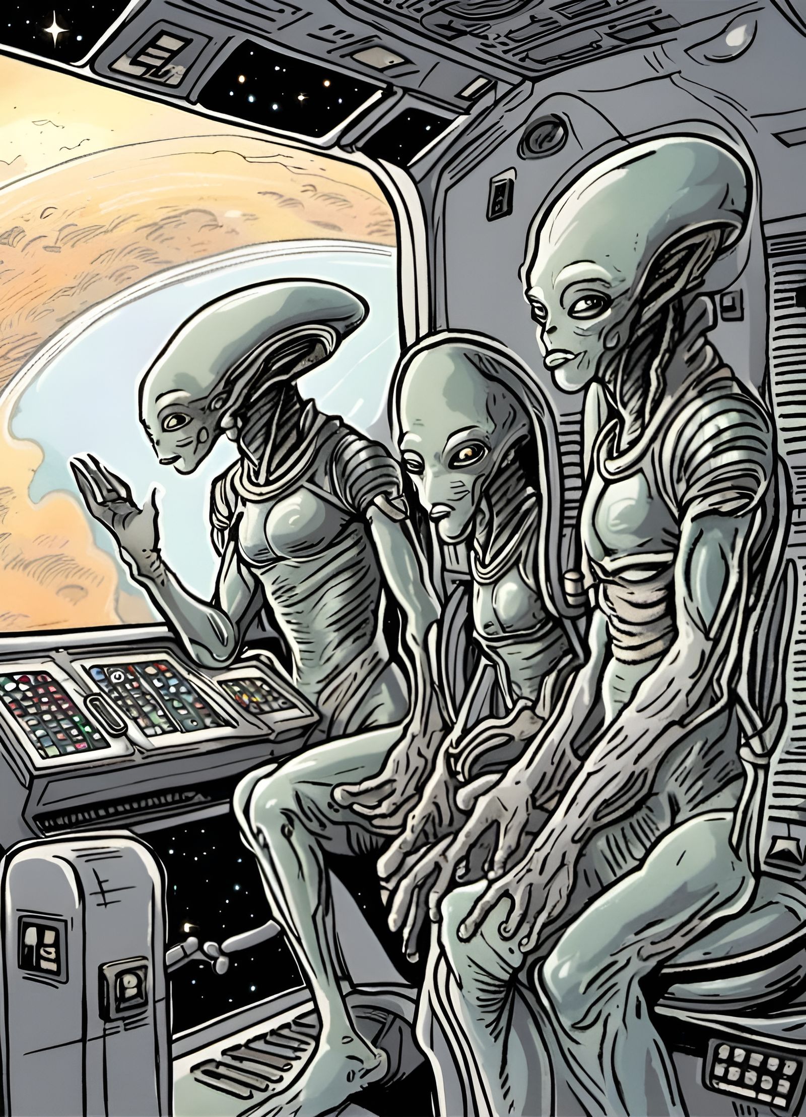 Grey Aliens Gazing at Earth in Comic Art Style