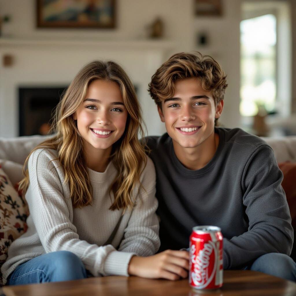 Teens Posing on Couch in Cozy Living Room