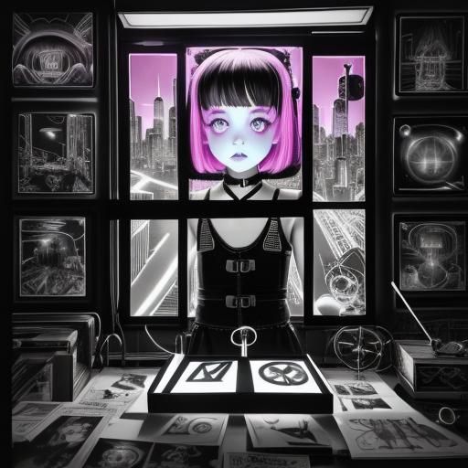 Surreal Rayograph of Goth Dolls and Neon Cityscape