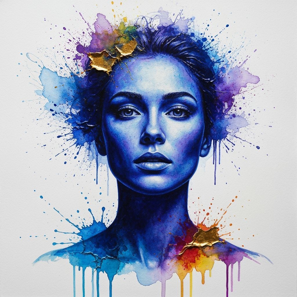 Ethereal Watercolor Portrait in Blue and Purple Hues