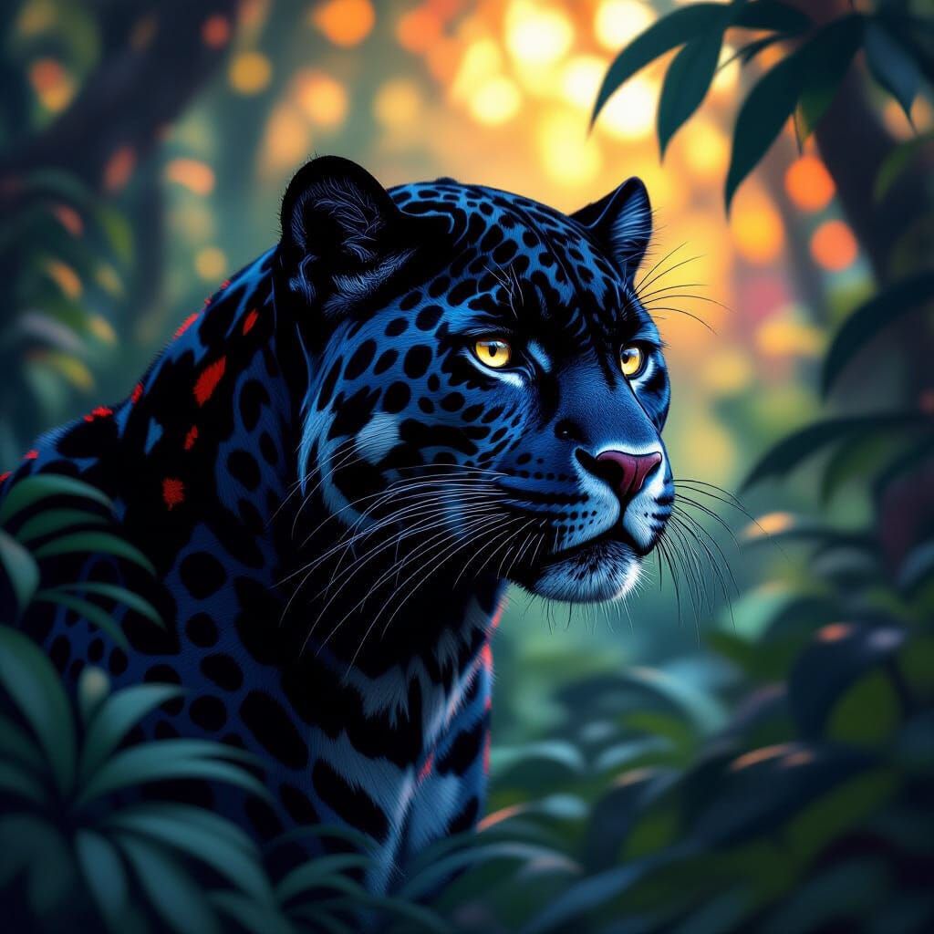 Black Jaguar in Vibrant Forest, Hyperrealistic Splash Art