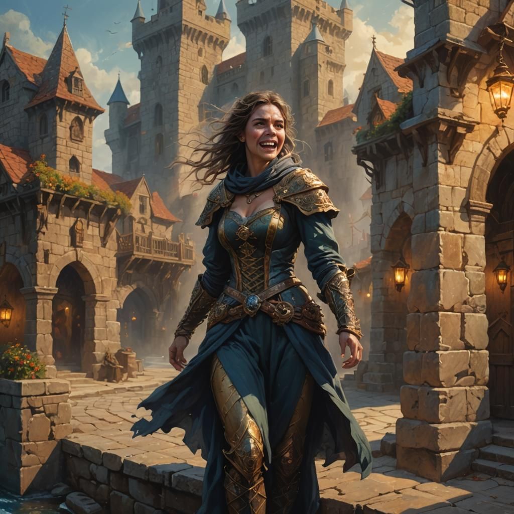 Stressed Woman in Medieval Seaside City