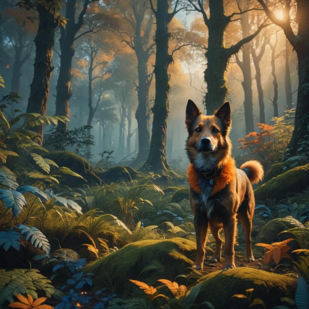 Dog in Mystical Forest Clearing: Fantasy Concept Art