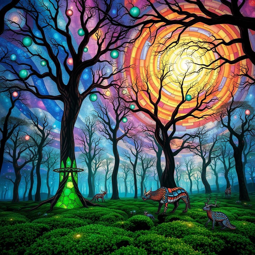 Stained Glass Forest Glade with Nebula Sky